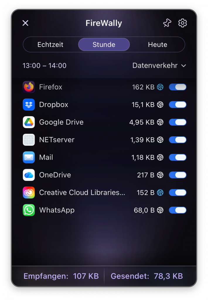 Screenshot des herausgeklappten Firewally-Menüs