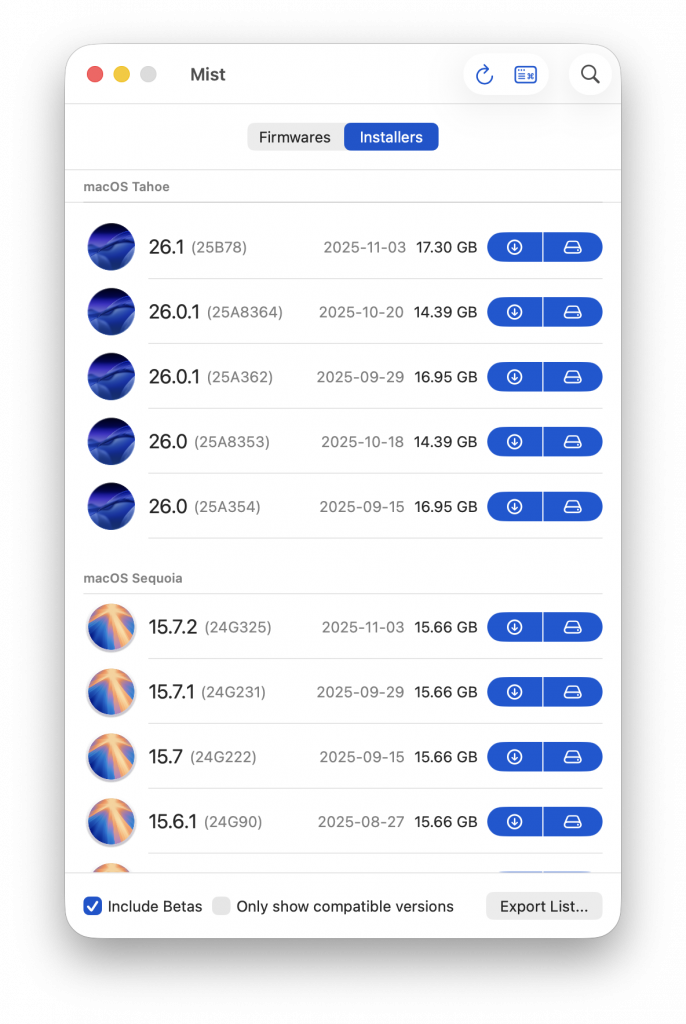 Mist muss zuerst eine Liste an aktuellen Installationsmedien vom Apple-Server aktualisieren.
